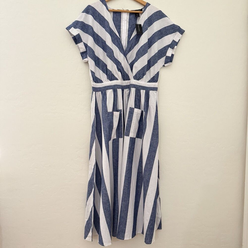 Ashley Stewart Linen Blend Striped Maxi Dress 12 Blue White NWT Pockets